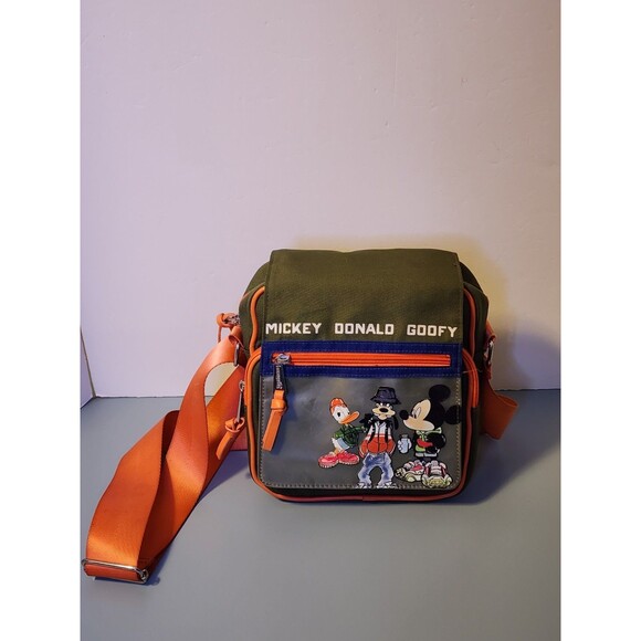 Disney Loungefly Crossbody Bag Green Mickey Mouse Goofy Donald Duck Camo Street - Picture 1 of 16